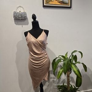 AKIRA Metallic Rose Gold Asymmetrical Wrap Dress